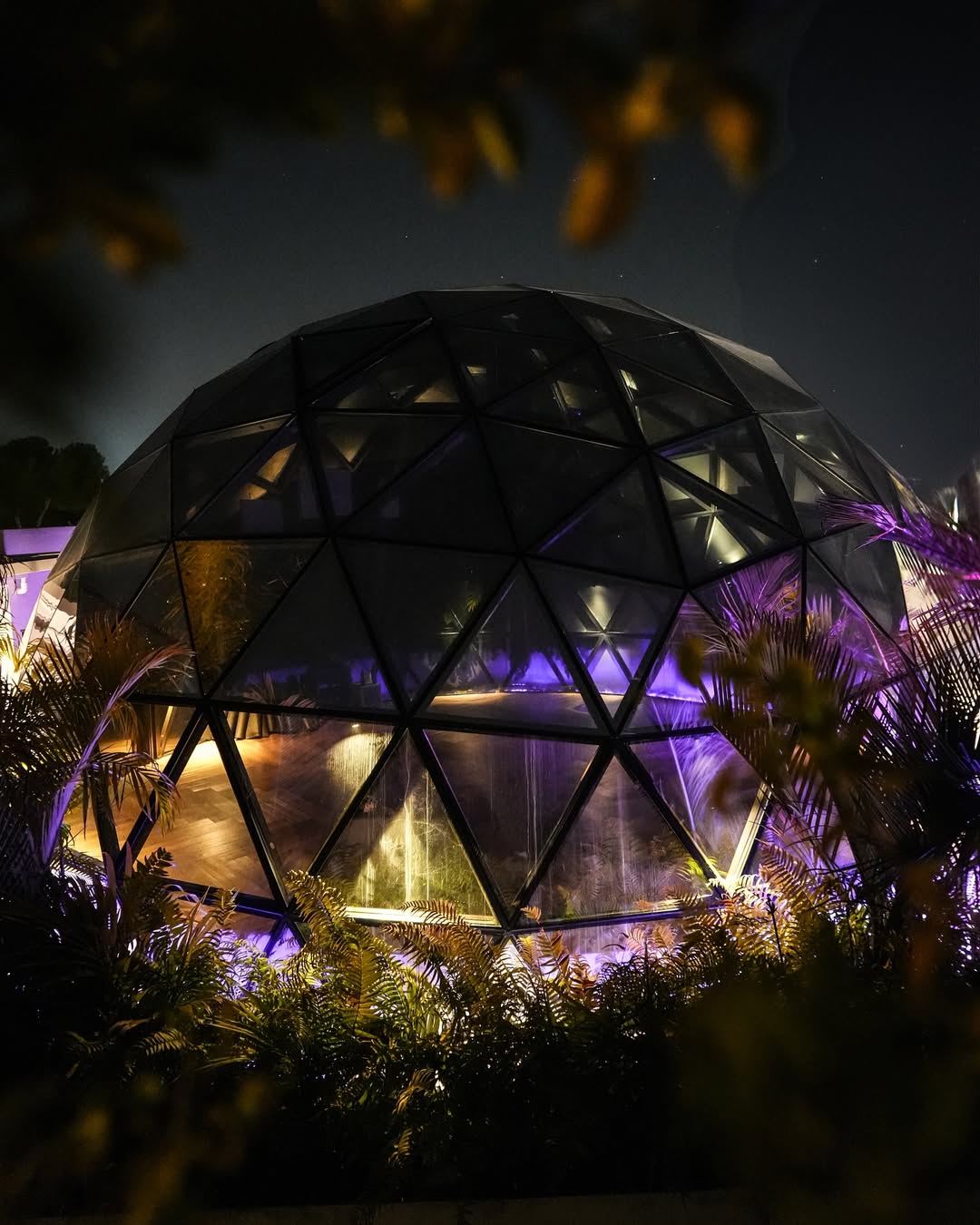 domo geodésico de cristal iluminado en la noche