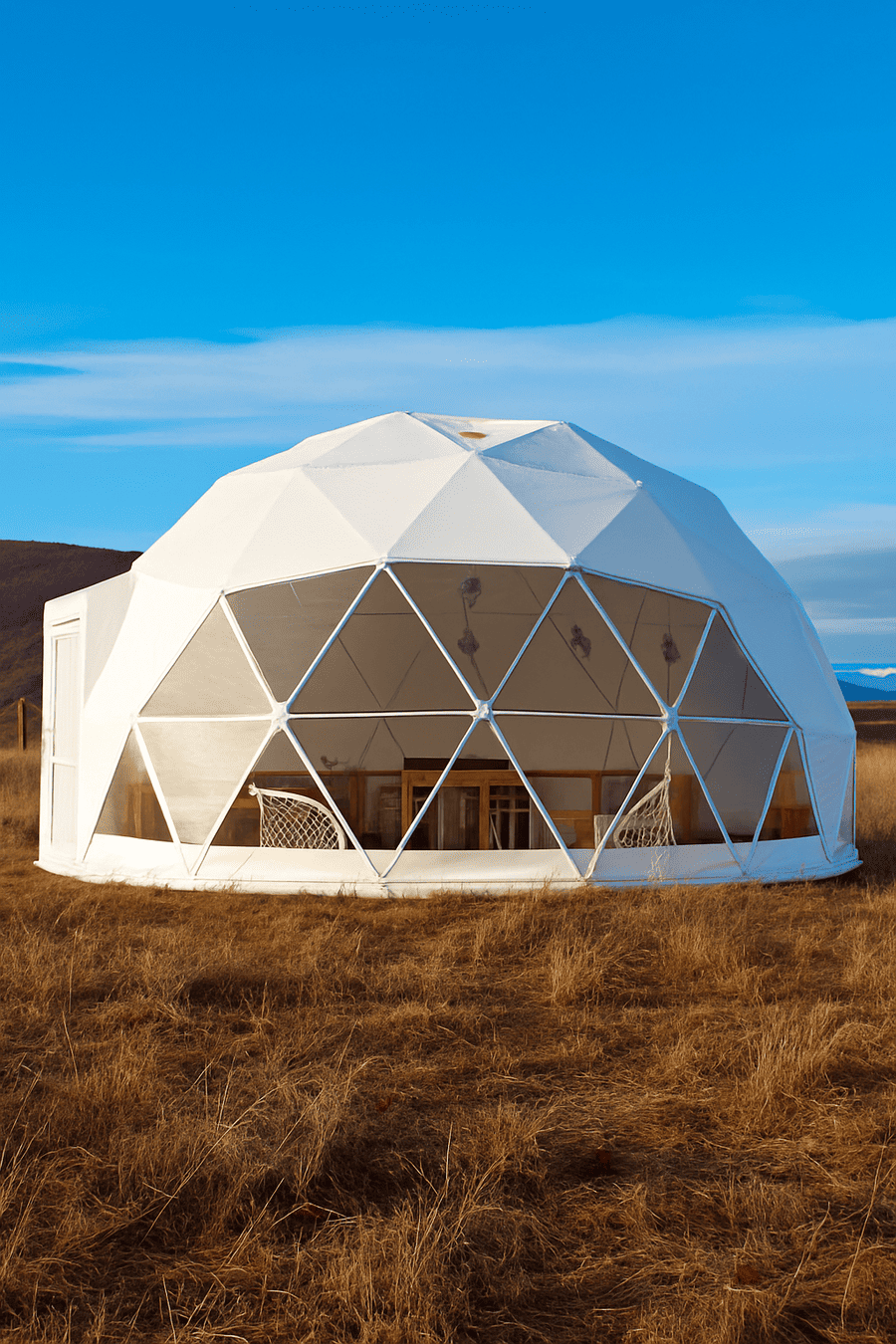 domo geodésico de cristal iluminado en la noche