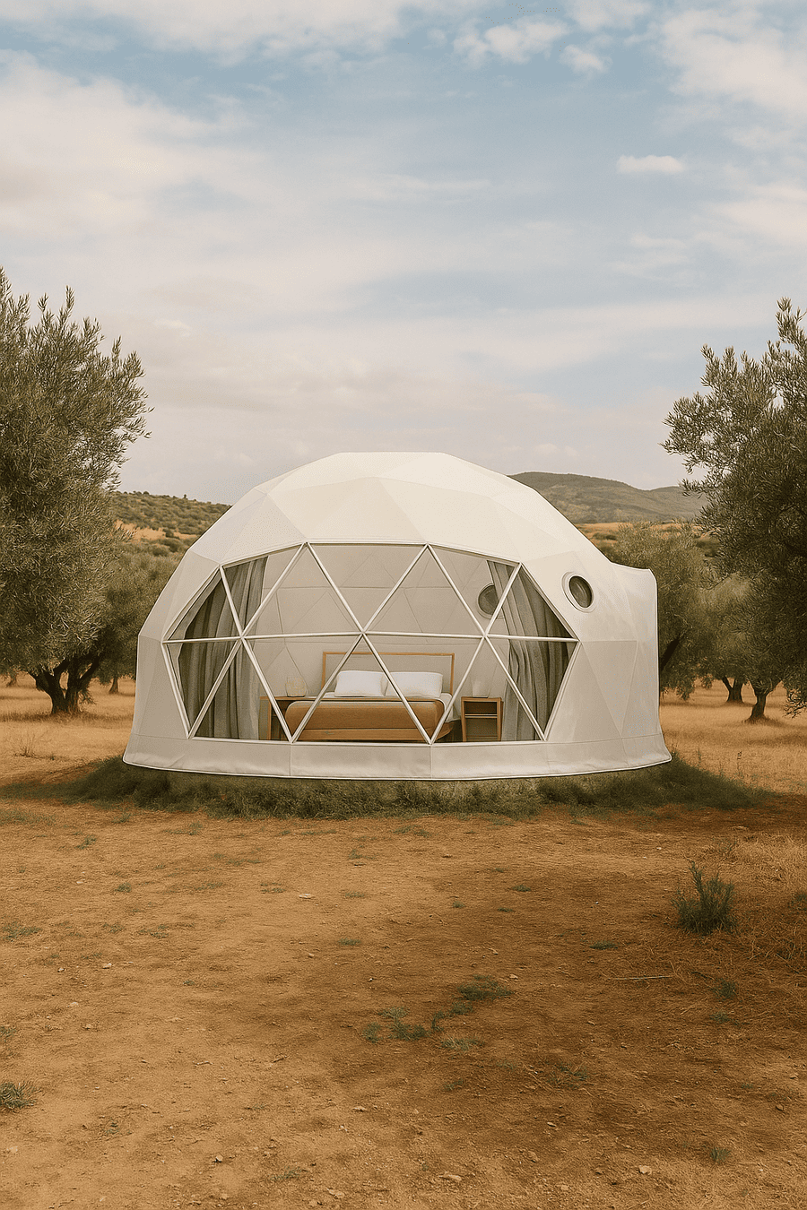 domo geodésico de cristal iluminado en la noche