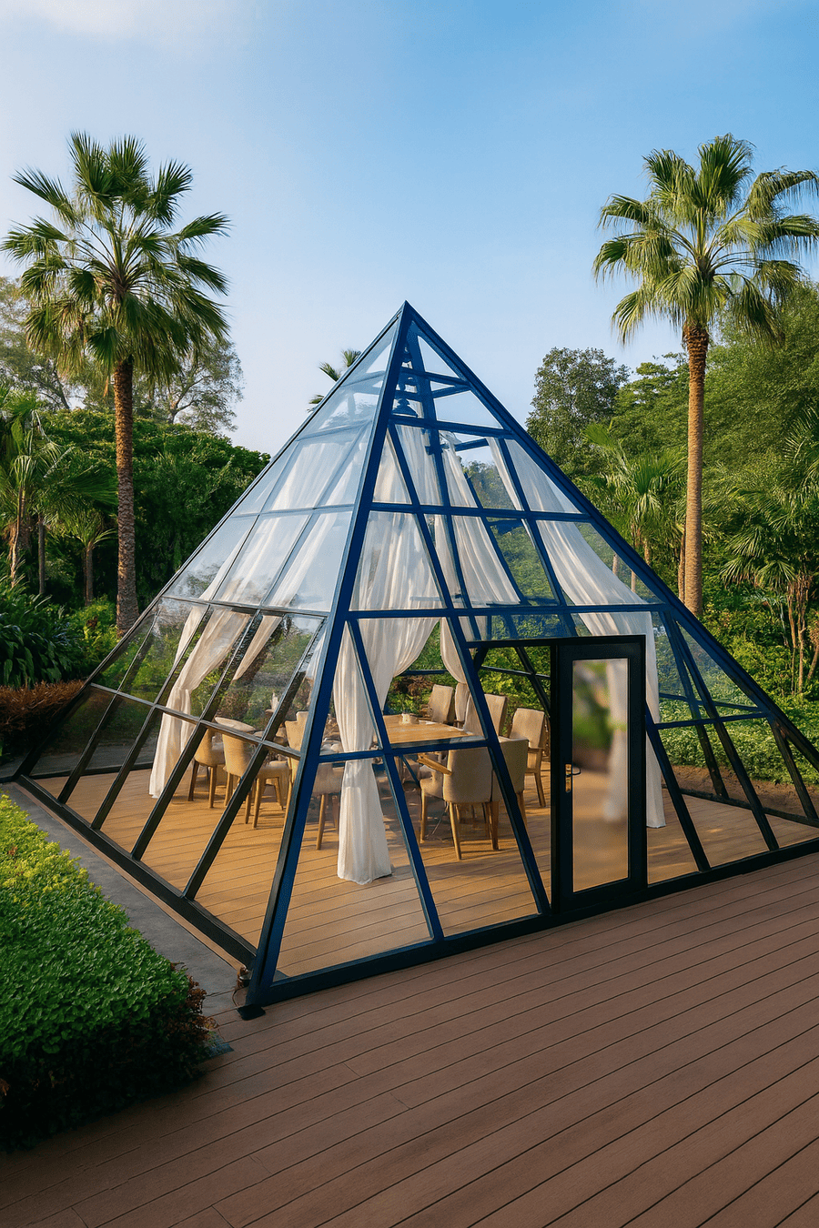 domo geodésico de cristal iluminado en la noche